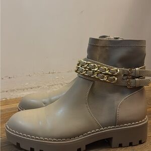Tan Ankle Boots with Gold Chain Detail and Chunky Sole